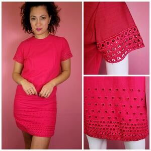 Size Small Vintage 1960's Magenta Shift Dress with Eyelet Cut Out Heart Detail